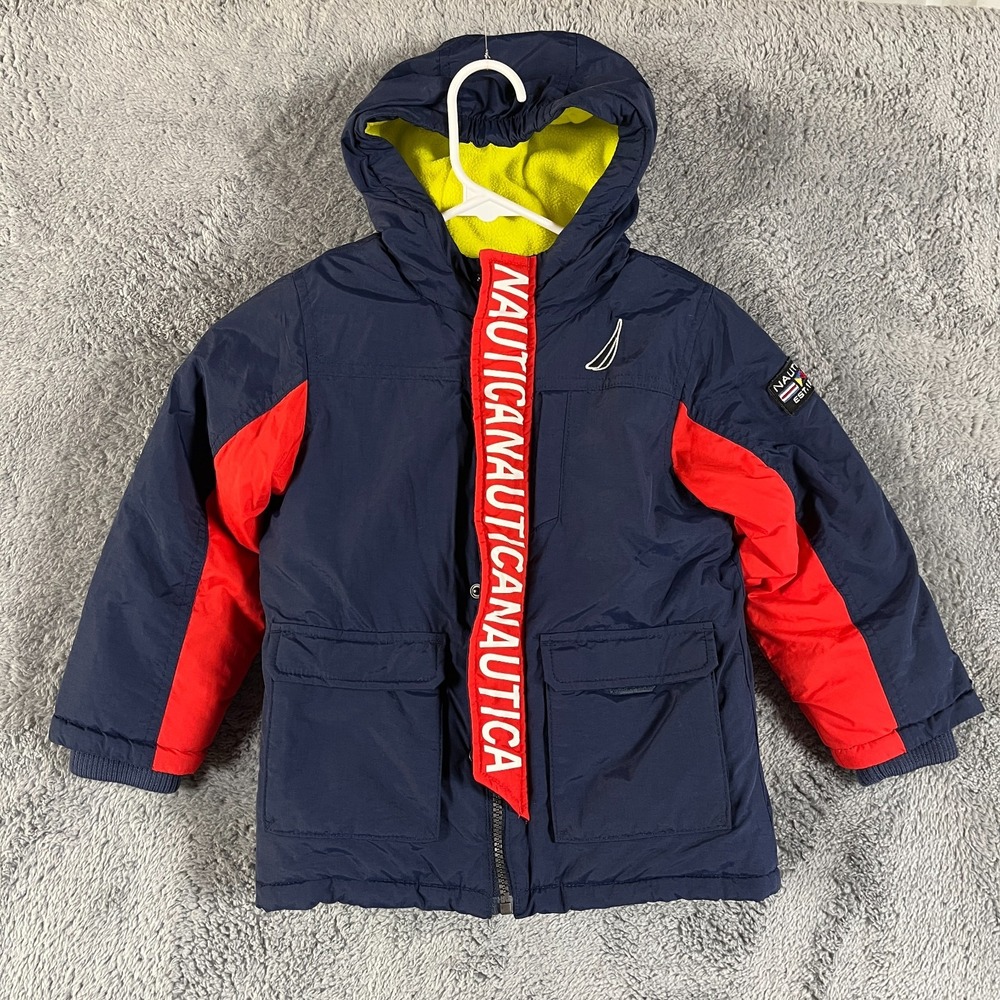 Nautica Puffer Jacket Toddler Boy 3T Blue Fleece Lined Hooded Winter Full Zip